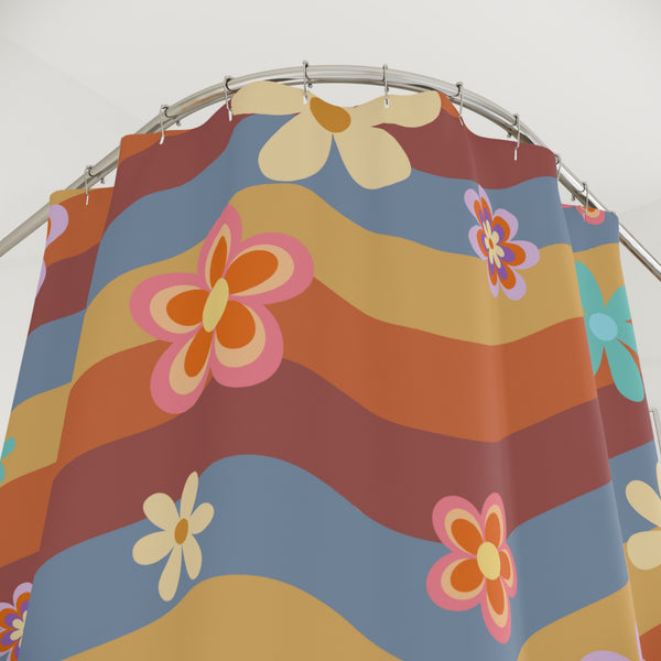 Retro Floral Pastel Shower Curtain: Stylish One-Side Print, Durable 100% Polyester, Water Repellent with Buttonholes, Bathroom Decor