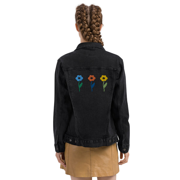 Women's Floral Denim Jacket with Embroidered Flowers on Chest and Back