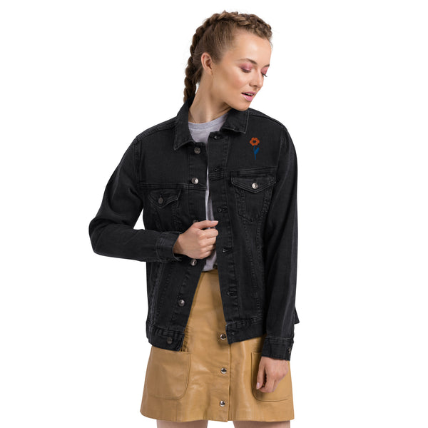 Women's Floral Denim Jacket with Embroidered Flowers on Chest and Back