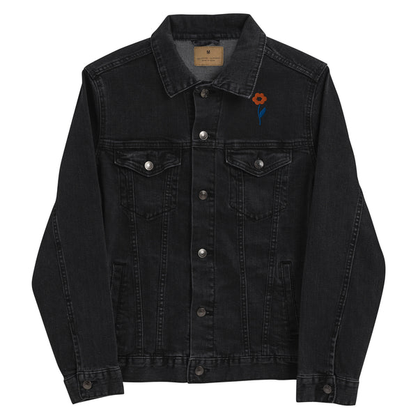 Women's Floral Denim Jacket with Embroidered Flowers on Chest and Back