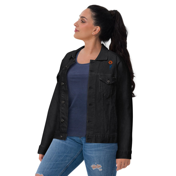 Women's Floral Denim Jacket with Embroidered Flowers on Chest and Back