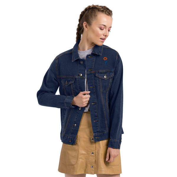 Women's Floral Denim Jacket with Embroidered Flowers on Chest and Back