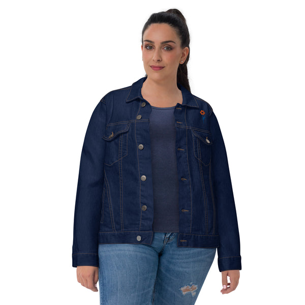 Women's Floral Denim Jacket with Embroidered Flowers on Chest and Back