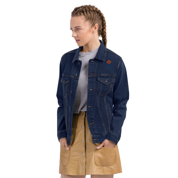 Women's Floral Denim Jacket with Embroidered Flowers on Chest and Back