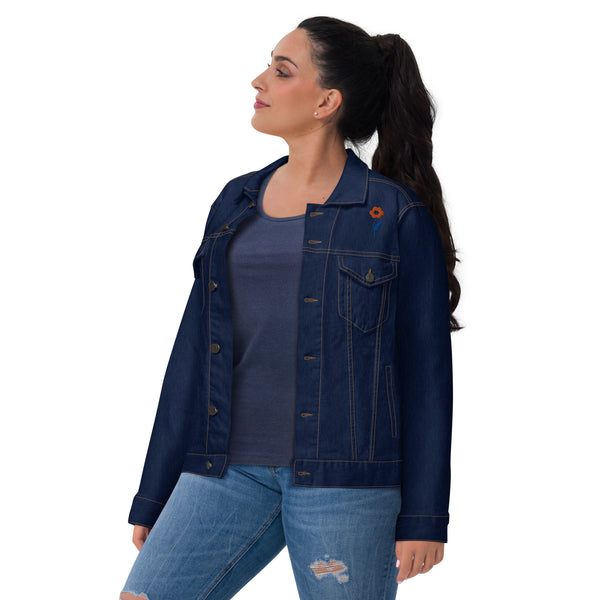 Women's Floral Denim Jacket with Embroidered Flowers on Chest and Back
