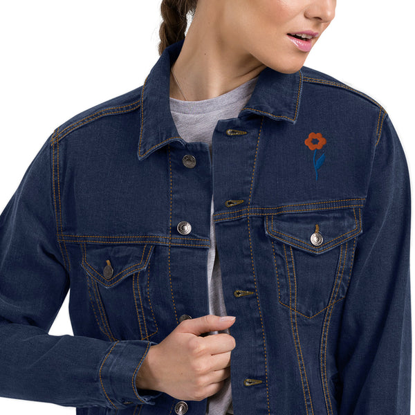 Women's Floral Denim Jacket with Embroidered Flowers on Chest and Back