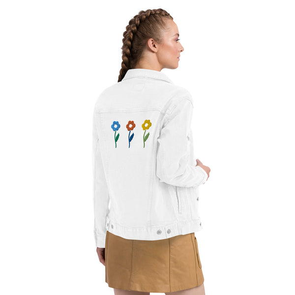 Women's Floral Denim Jacket with Embroidered Flowers on Chest and Back