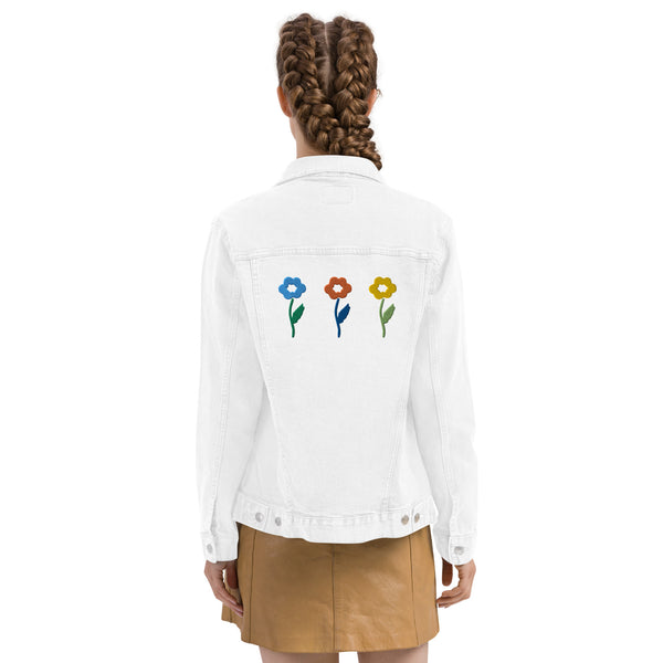 Women's Floral Denim Jacket with Embroidered Flowers on Chest and Back