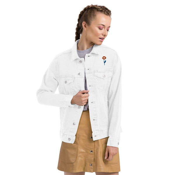 Women's Floral Denim Jacket with Embroidered Flowers on Chest and Back