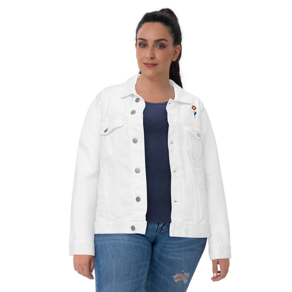 Women's Floral Denim Jacket with Embroidered Flowers on Chest and Back