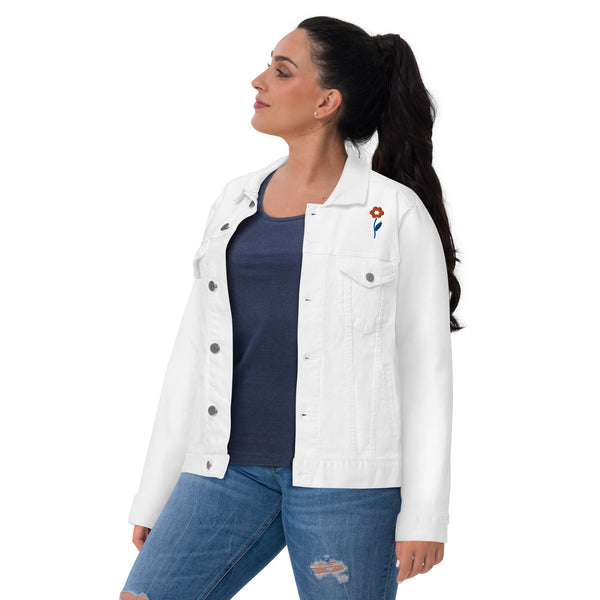 Women's Floral Denim Jacket with Embroidered Flowers on Chest and Back