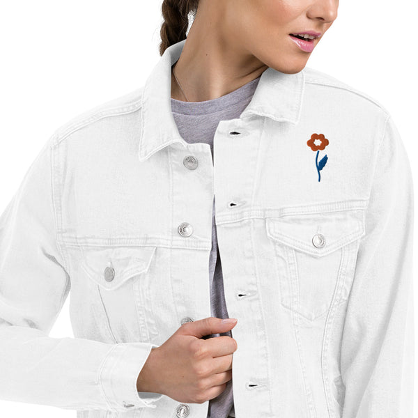 Women's Floral Denim Jacket with Embroidered Flowers on Chest and Back