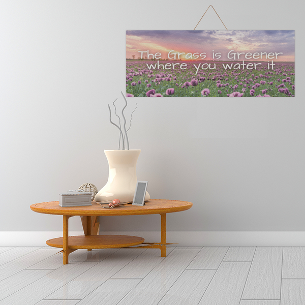 The Grass is Greener Floral Field 24" x 10" Wooden Plaque with Rope