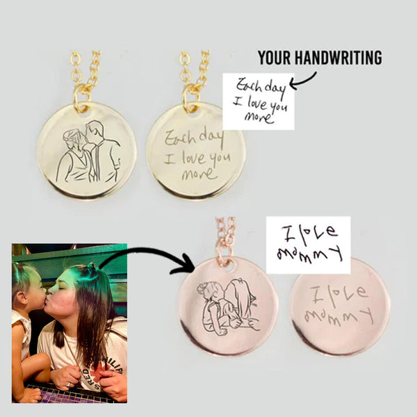 Engraved Line Drawing Photo Necklace with Personalized Handwriting Upload