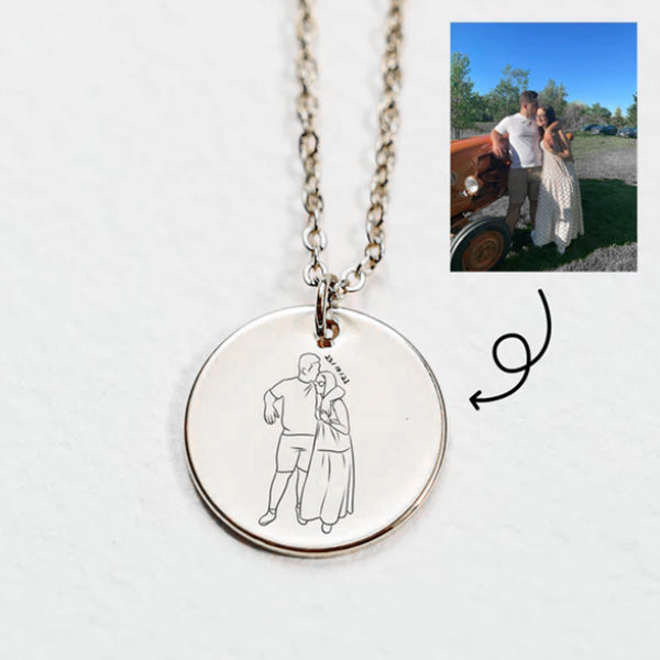 Engraved Line Drawing Photo Necklace with Personalized Handwriting Upload