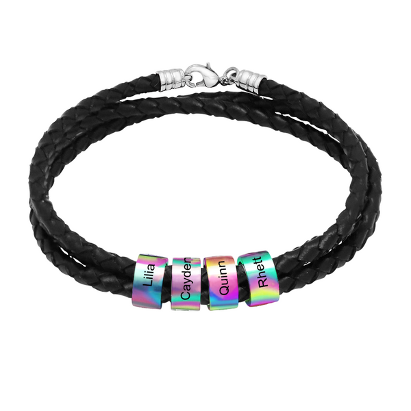 Customizable Name Braided Leather String Beaded Bracelet Engraving Bangle