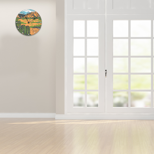 Wall Clock Silent Round Non-ticking Wooden Wall Clock 12" Desert Mountain Scene - Dakoda Goods & Co.