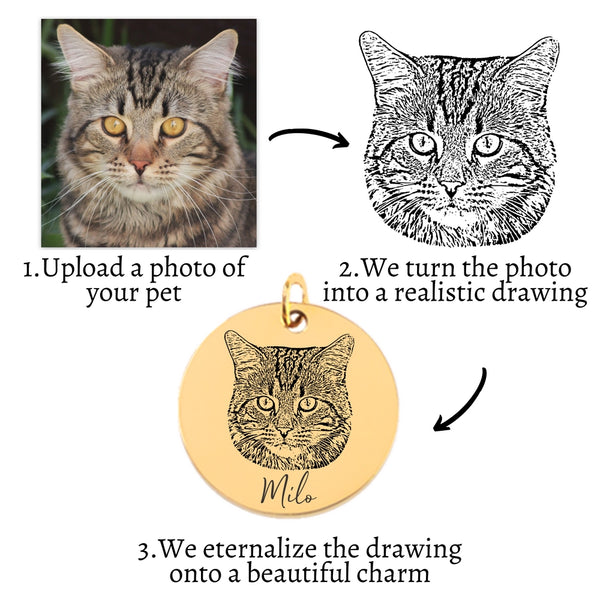 Cat Portrait Necklace with Optional Name Graving Upload Cat Portrait Customized Cat Gifts for Cat Lovers