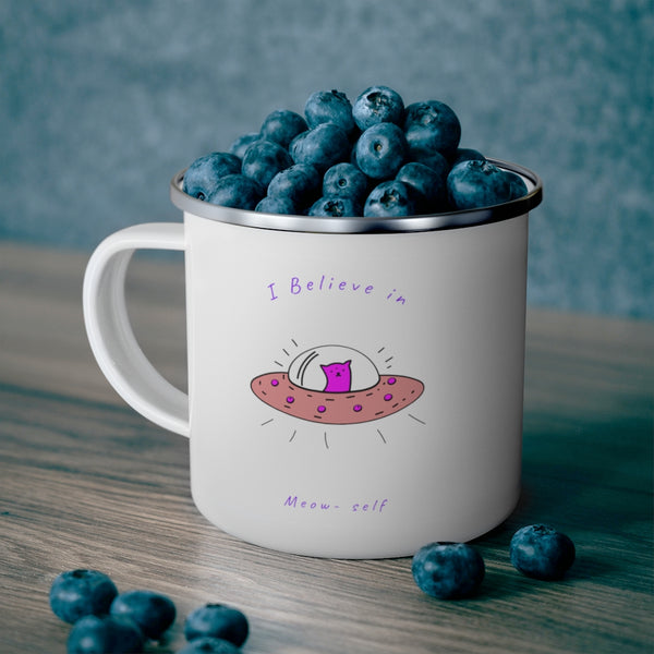Camping Mug I Believe in Meow-self Funny Mug Spaceship Gifts Travel Enamel Camping Mug Coffee Mug Tea Mug - Dakoda Goods & Co.
